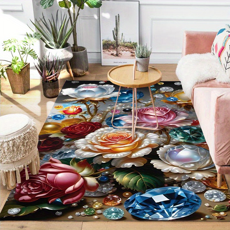

3d Flower Crystal Velvet Area Rug - Polyester Anti-slip Carpet For Office, Bedroom, Porch, Dining Room, Living Room, Laundry - Hand Washable Rectangle Floor Mat With Vibrant Floral And Gemstone Print.
