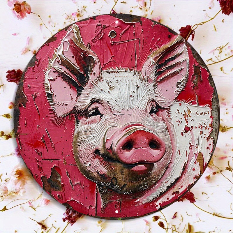 

1pc Pink Pig Face Round Metal Sign, 8x8 Inch Aluminum Waterproof Door Hanger, Hd Printed Weather Resistant Wall Decor Xhf 3955