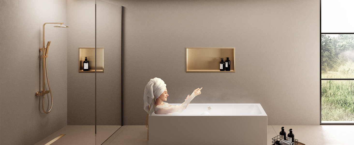 Merranox 36” X 12” Shower Niche – Stainless Steel Recessed Storage, No Tiling Required, Champagne Gold Finish