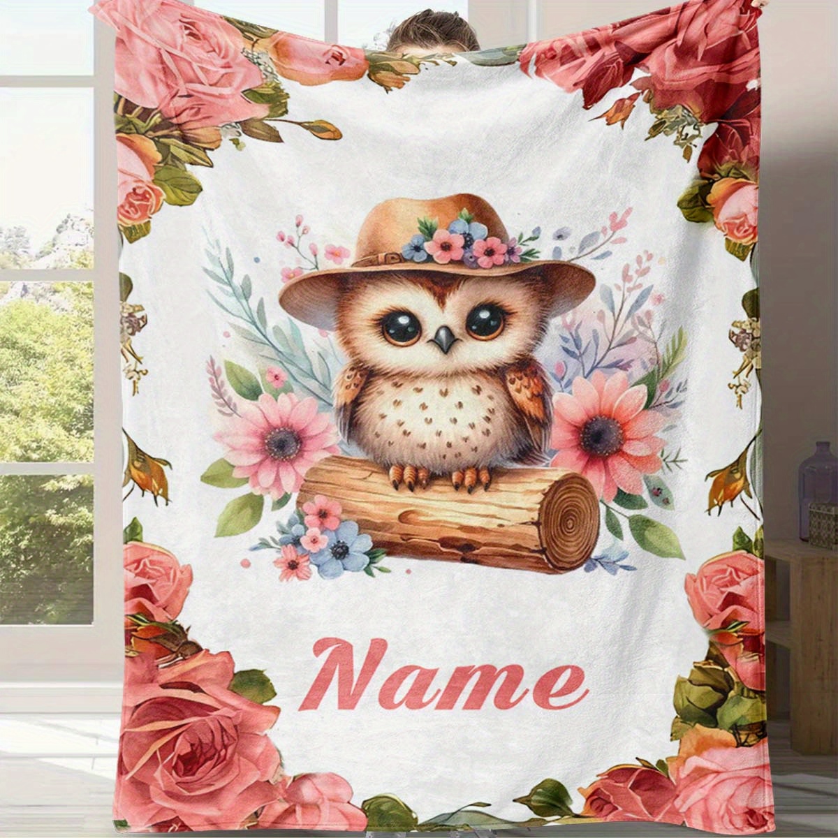 

Customized Name Blanket, Cute Cartoon Owl And Flower Blanket, Soft 4 Season Flannel Outdoor Blanket