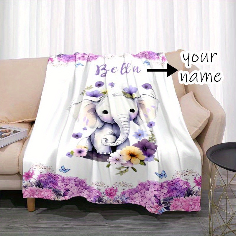 

Custom Name Blanket, Cute Little Elephant Purple Flower Blanket, 4 Seasons Flannel Outdoor Blanket