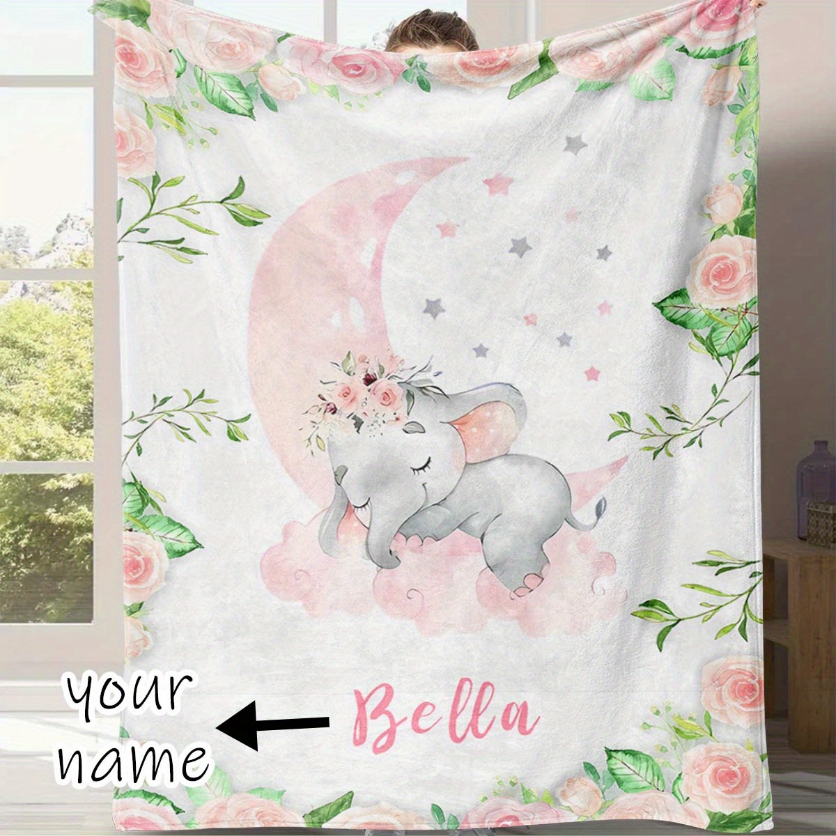 

Personalized Elephant On Moon Blanket - Soft Flannel Throw With & Stars, Custom Name "bella" Or , For , Camping, Or Home Use