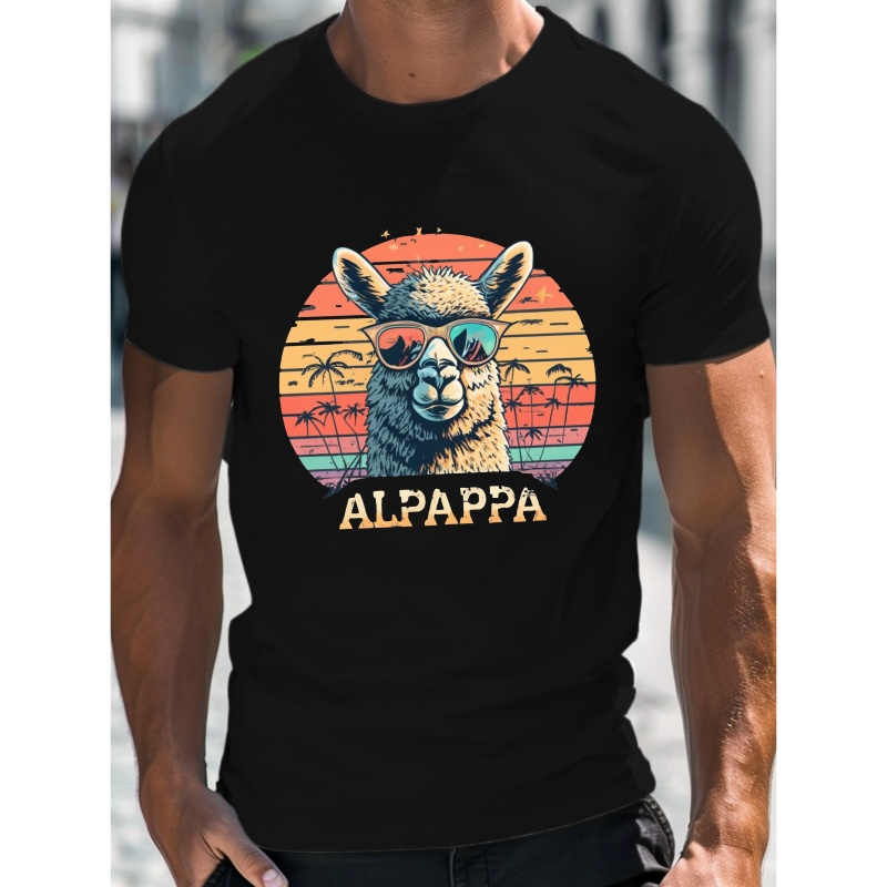 

Sunset Alpappa Wearing Sunglasses Men's T-shirt Print Tee Shirt, Casual Short Sleeve T-shirt For Summer