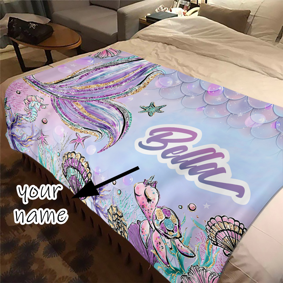 

1pc Custom Name Blanket, Purple Cartoon Deep Sea Mermaid Turtle Pattern Blanket, For Birthday Gift Holiday Gift, Soft 4 Seasons Flannel Outdoor Blanket