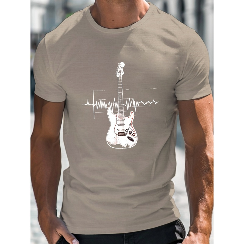 

Guitar Heartbeat Men's T-shirt, Print Tee Shirt, Casual Short Sleeve T-shirt For Summer