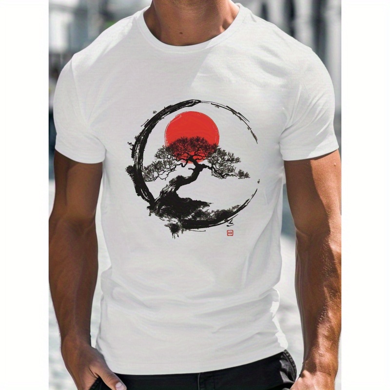 

Traditional Japanese Bonsai Motif Men's T-shirt, Print Tee Shirt, Casual Short Sleeve T-shirt For Summer