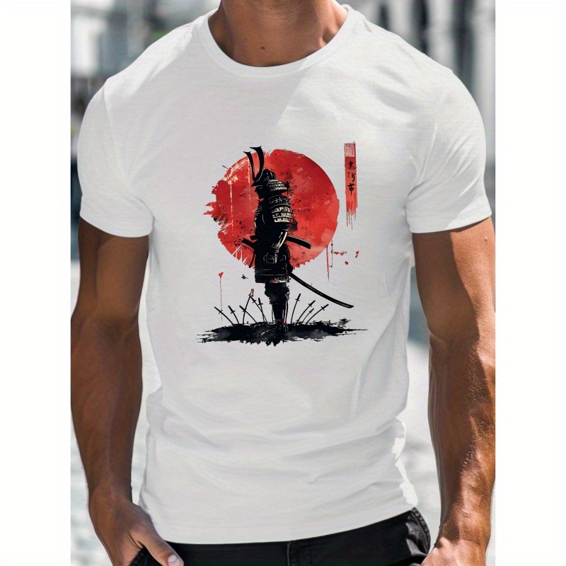 

Samurai Creative Print Men's Casual T-shirt, Summer Fashion Crew Neck Short Sleeve Top, Modern Streetwear Style For Men