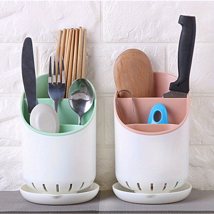 dual layer detachable plastic utensil holder with draining tray open storage kitchen cutlery and utensil organizer   plastic construction electricity free operation details 2