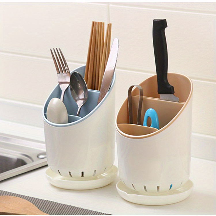 dual layer detachable plastic utensil holder with draining tray open storage kitchen cutlery and utensil organizer   plastic construction electricity free operation details 3