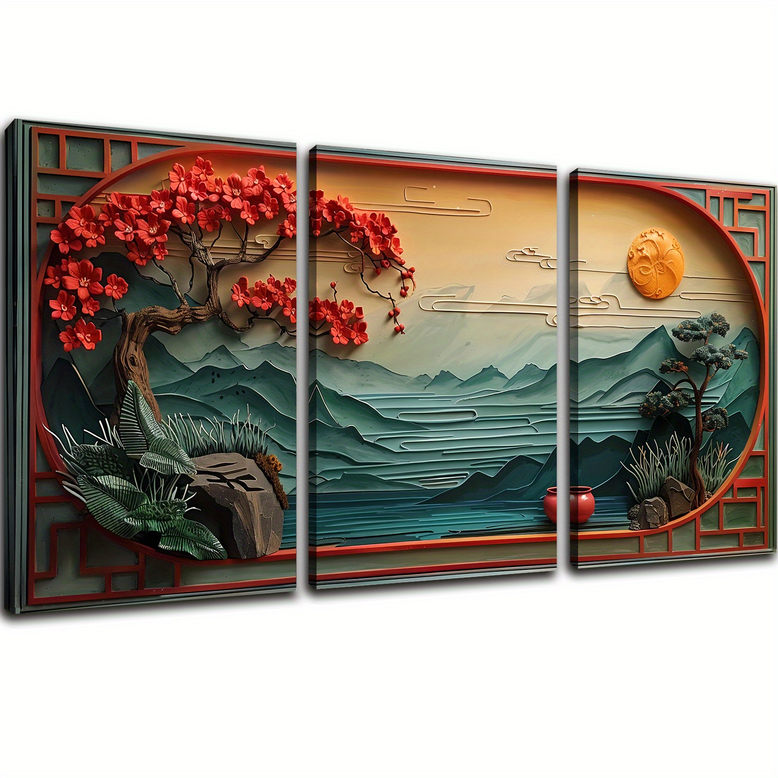

3 Piece Framed Spring Canvas Wall Art Decor Easy Hanging For Bedroom Home Kitchen Surrealism Decorations Women Mother's Day Gifts Japanese Tea Ceremony Theme Design Piece 369