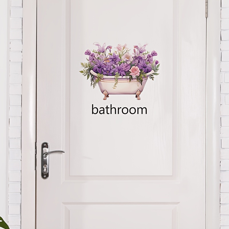 

1-piece Decorative Bathroom Door Sign Sticker - Plastic Bathtub Flower Decal For Home Wall Decor, No Electricity Needed, Removable Adhesive Vinyl Art