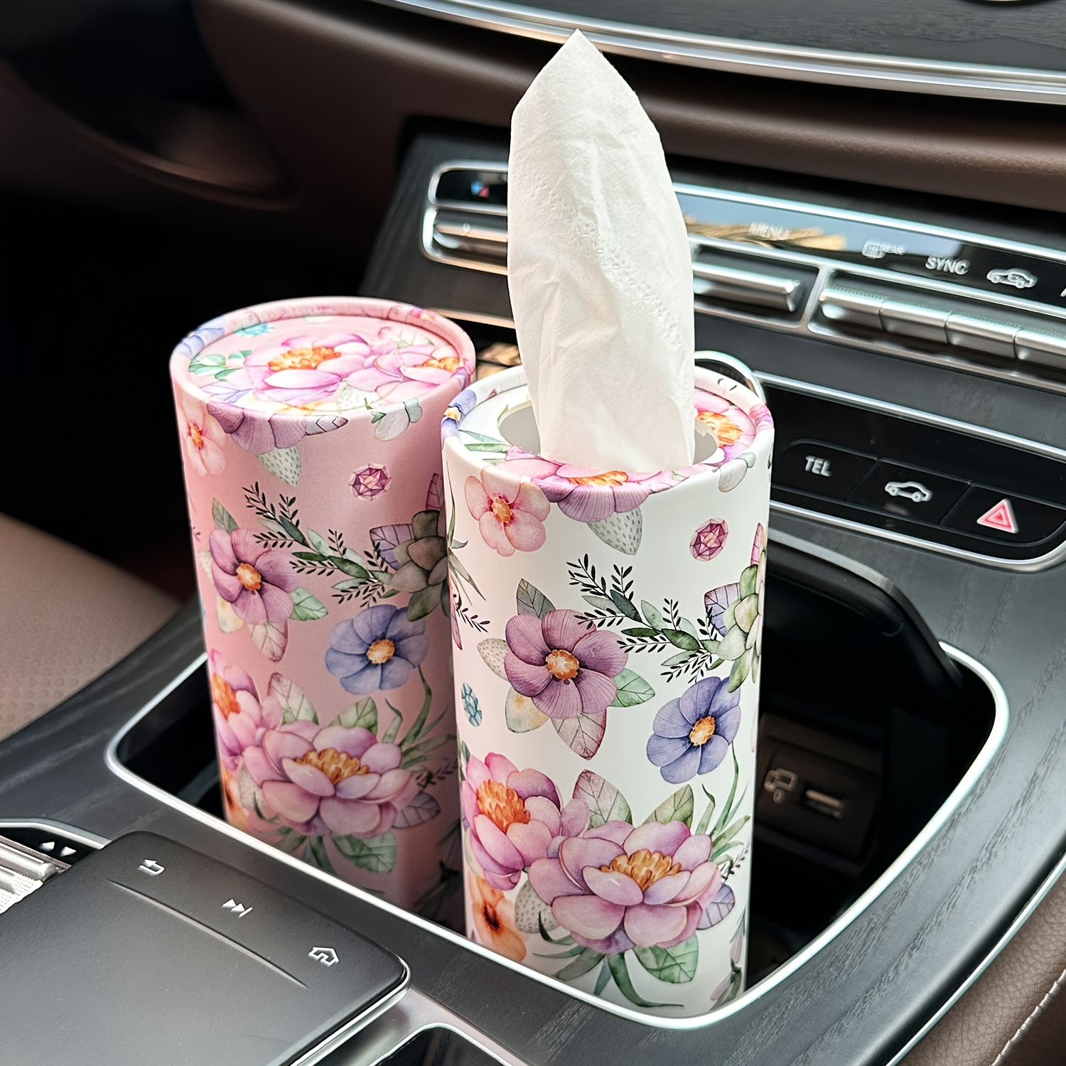 

Chic White Floral Car Tissue Holder With Facial Tissues - Versatile Round Tissue Case For Cup Holders, Perfect For Home & Travel