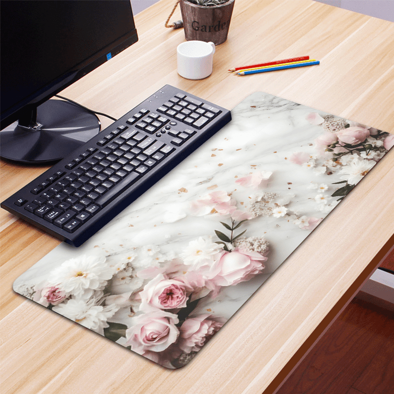 

Floral Mouse Pad With Stitched Edge, Non-slip Rubber Base Large Desk Mat, Office Desk Accessories, White Marble Design With Flowers, 35.4x15.7 Inches - Ideal Gift For Women And Friends