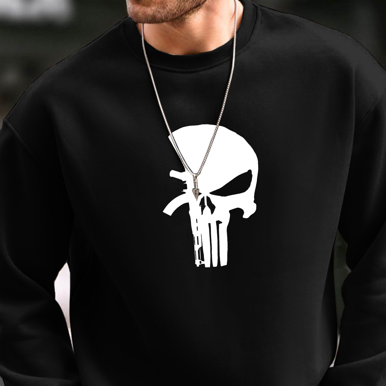 

Men's Crew Neck With White Skull Printed Fashion Simple Casual Sweatshirt