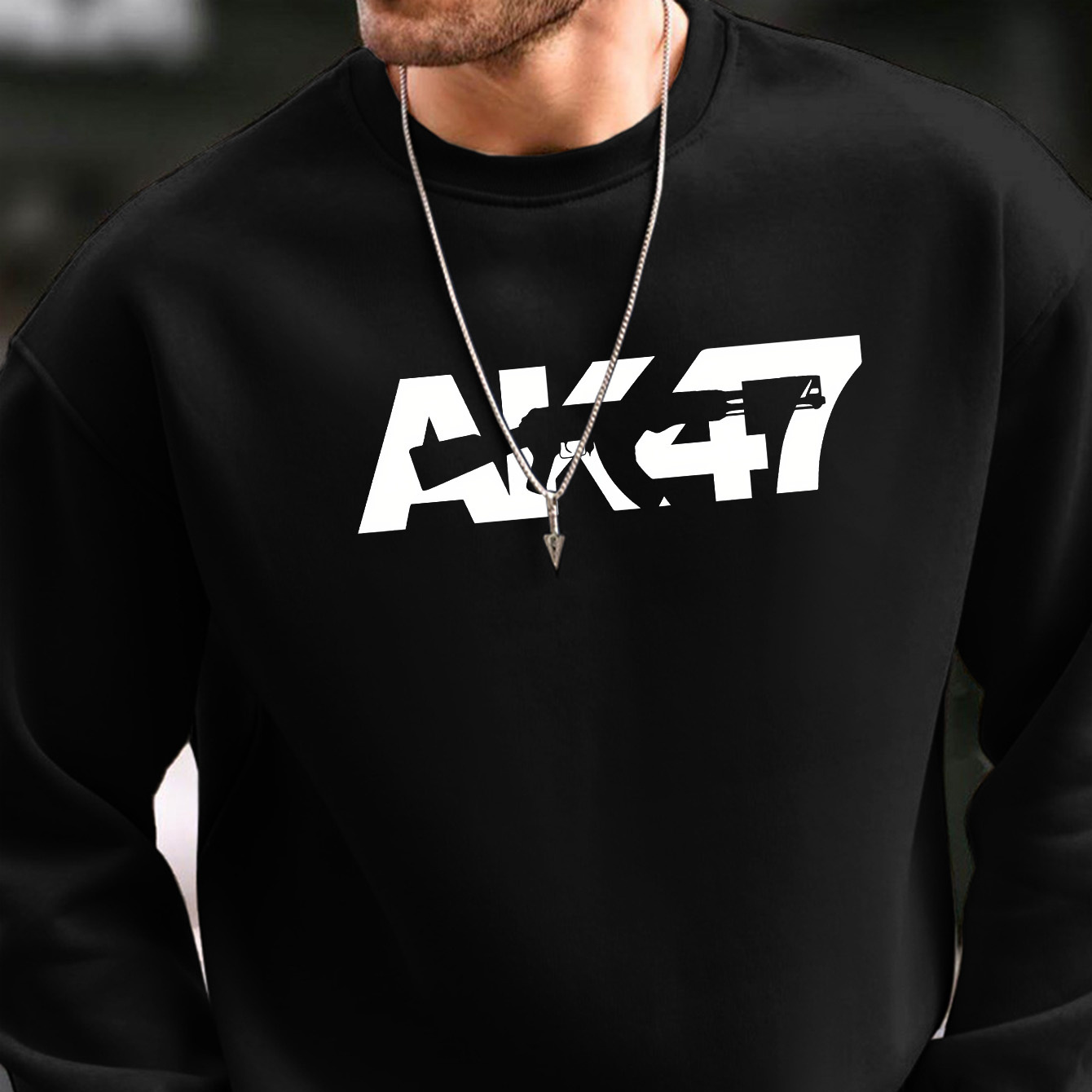 

Men's Crew Neck With White Letter Ak47 Printed Fashion Simple Casual Sweatshirt