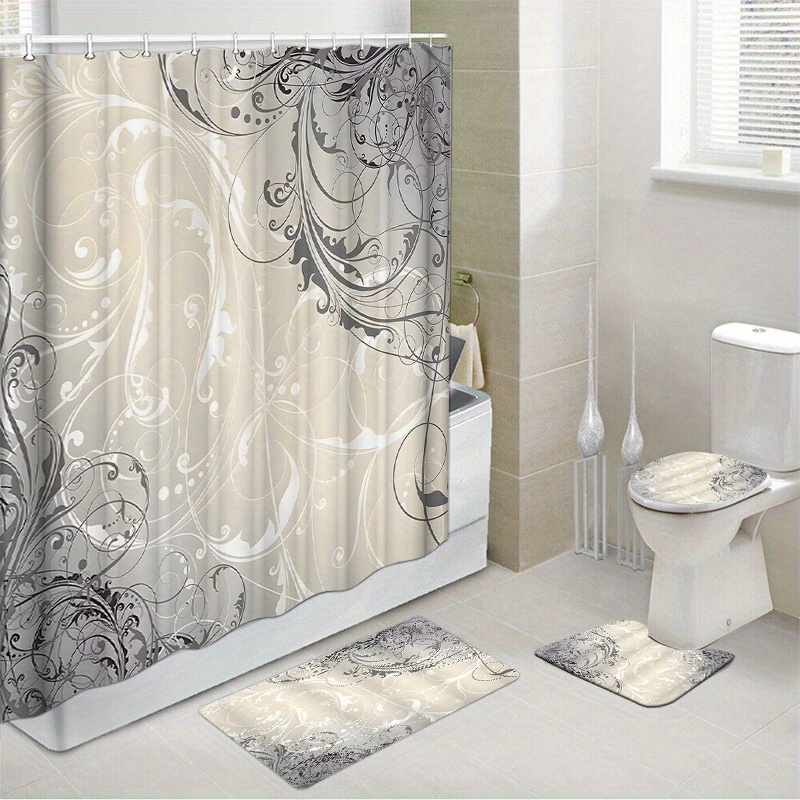 

Water-resistant Shower Curtain Set With Non-slip Rug, Toilet Seat Cover, Bathroom Mat, And 12 Hooks - Woven Polyester Fabric, Elegant Fashion Pattern, Dry Clean Only Bathroom Accessories