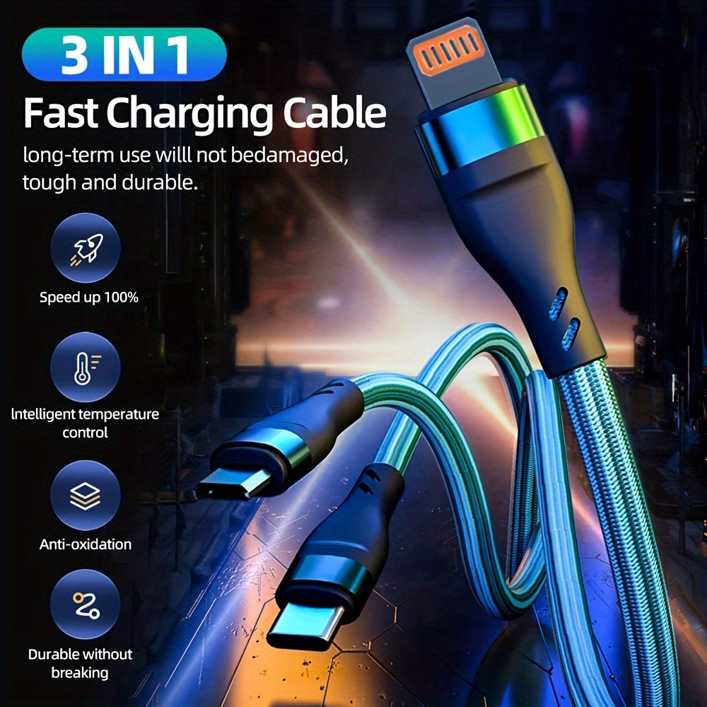 

3-in-1 Fast Charging Cable Usb To Type-c/android/ios, Flat Male To Male Nylon Braided, 10-20w Input/output Power, Data Transmission Compatible, Durable 100w Supercharge For & Android Devices