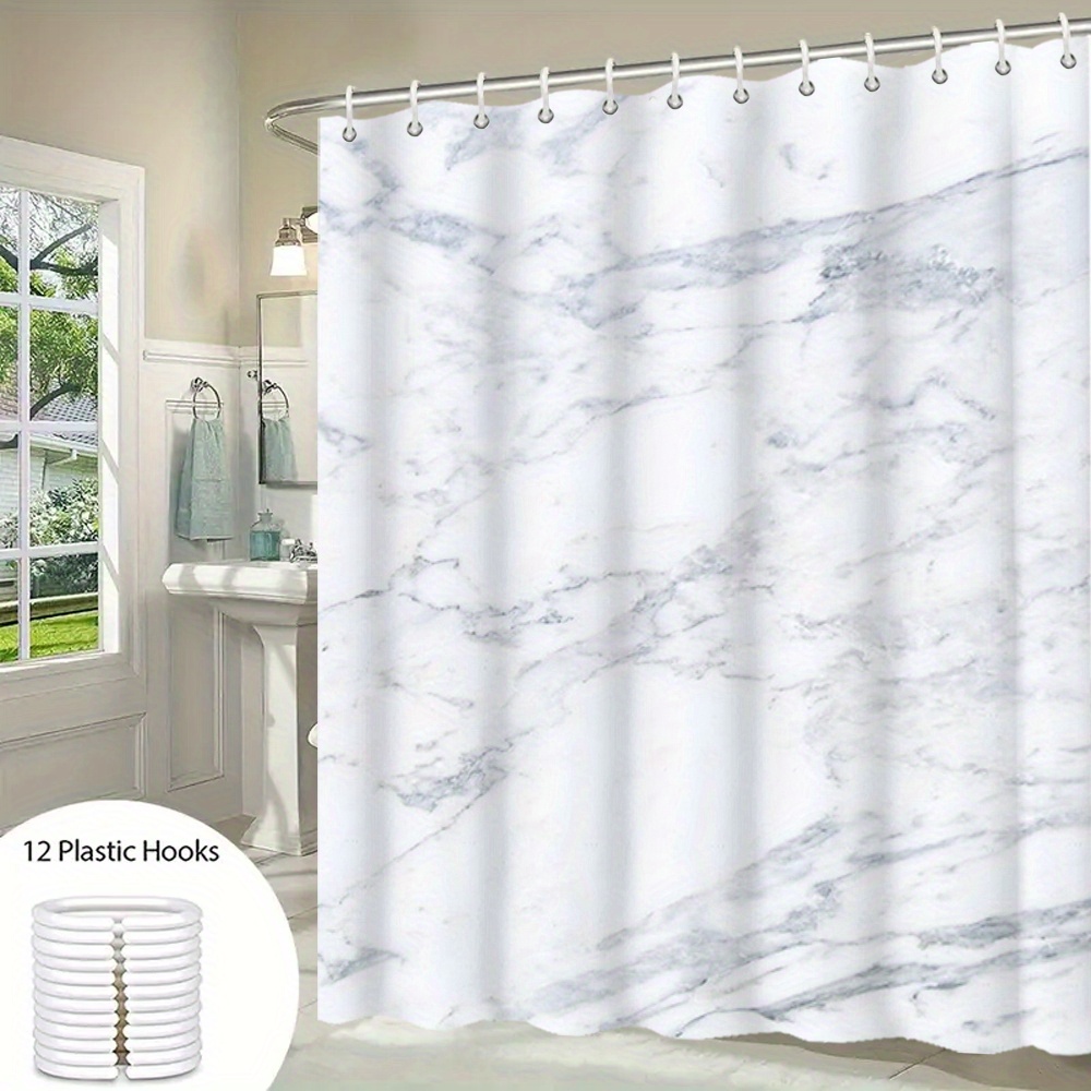 

Jit Marble Pattern Print Shower Curtain With 12 Hooks, Water-resistant Fashion Bathroom Divider, Polyester Woven Fabric, Decorative Curtain For Home And Hotel, Mold Resistant With Line Dry Care