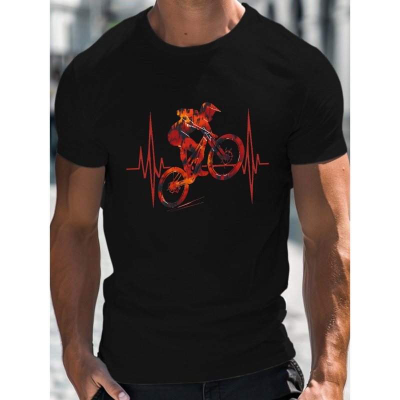 

Mountain Bike Heartbeat Creative Print Stylish T-shirt For Men, Casual Summer Top, Comfortable And Fashion Crew Neck Short Sleeve, Suitable For Daily Wear