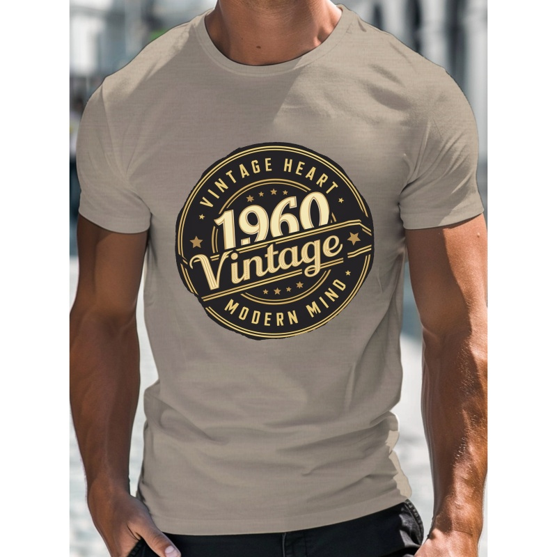 

Men' 1960 Badge Design T-shirt - Casual Polyester Crew Neck Tee, Machine Washable - Summer