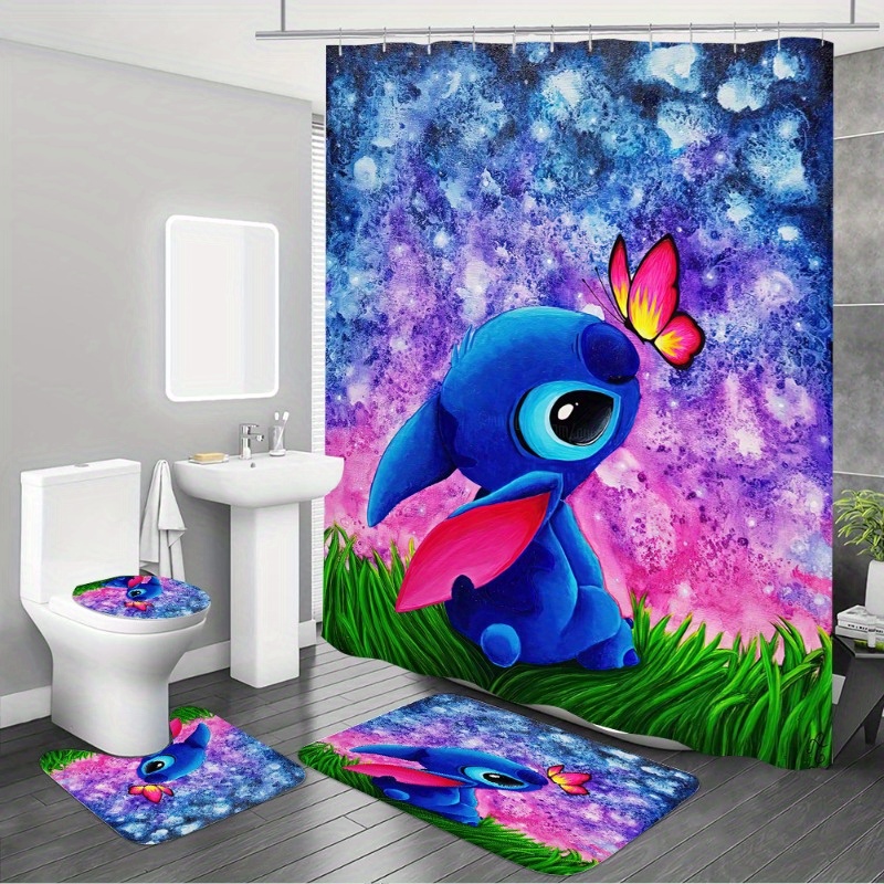 

1/4pcs Stitch Butterfly Print Shower Curtain Set, Non-slip Rug, Toilet Lid Mat And Bath Mat, Waterproof Bathroom Curtain With Free Hooks, Bathroom Accessories
