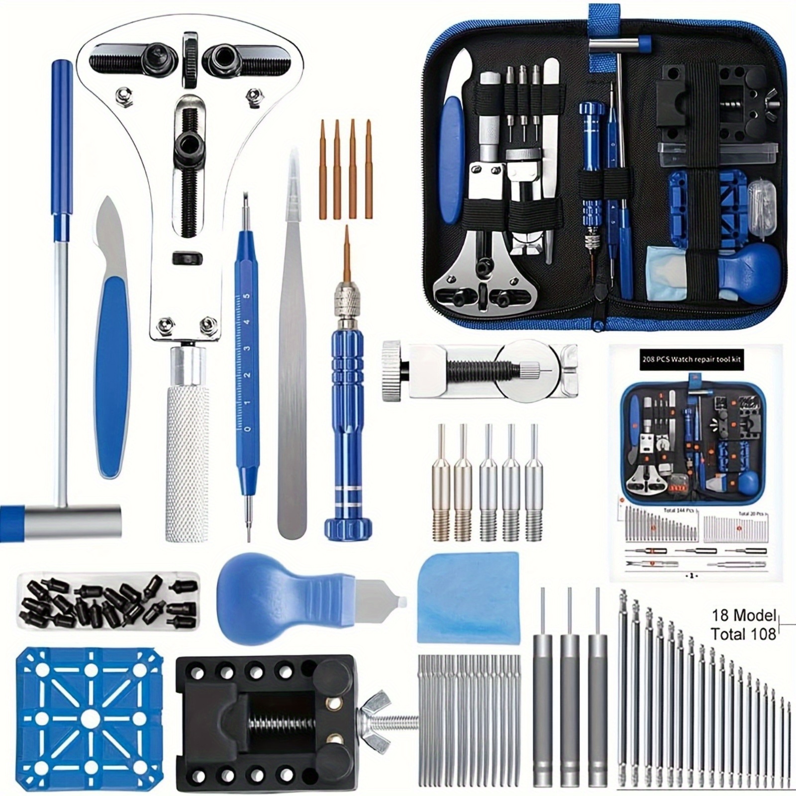 

208pcs Professional Watch Repair Tool Kit - Stainless Steel Watch Battery Replacement Set With Spring Bar & Band Link Pin Tools, Case Opener, Screwdrivers, Tweezers - Carrying Case Included