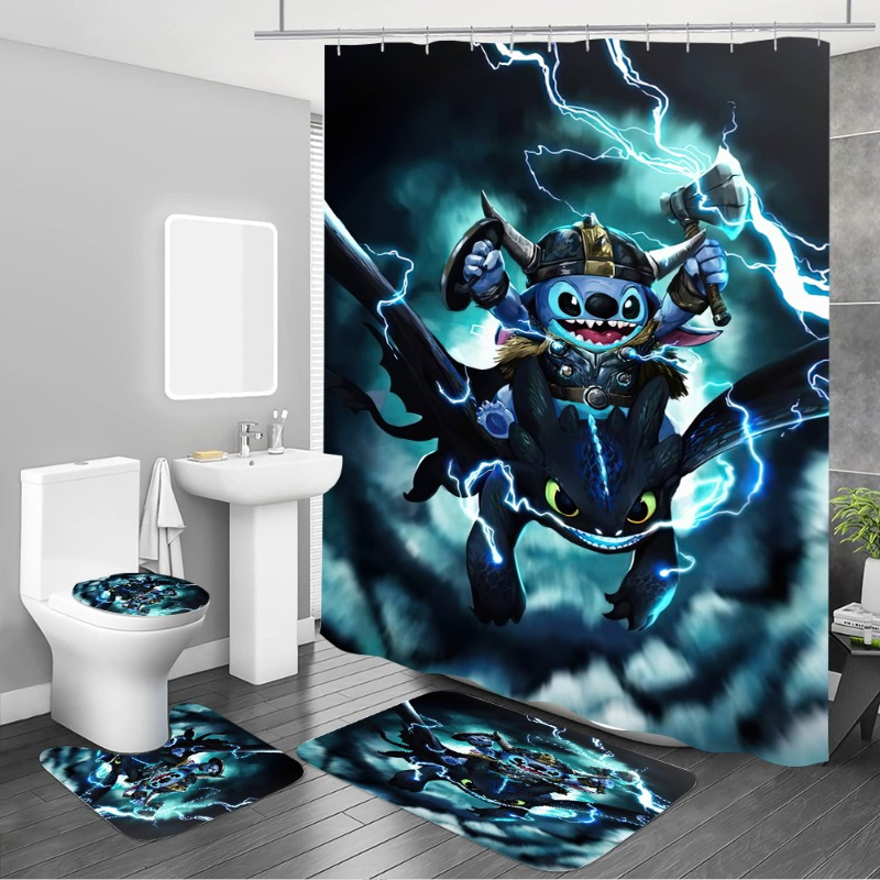 

1/4pcs Stitch Pattern Shower Curtain Set With 12 Hooks, Waterproof Curtain, Non-slip Bath Mat, Toilet Lid Cover, U-shaped Rug, Bathroom Accessories For Modern Decor