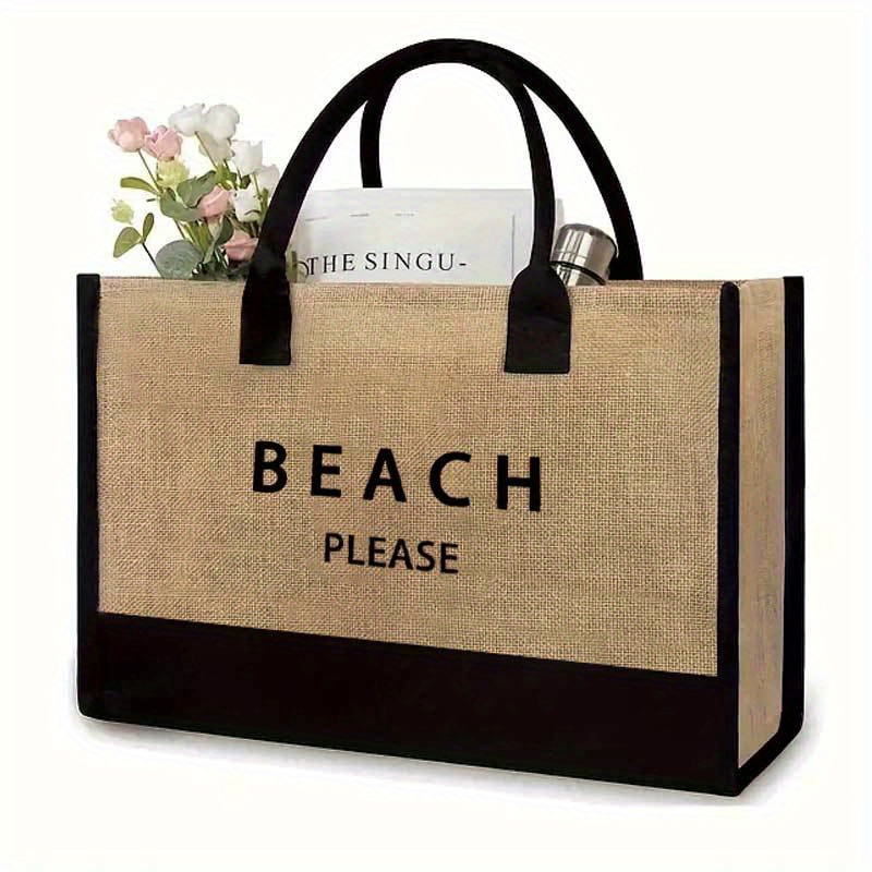 

Beach Letter Print Series Tote Bag, Large Capacity Gift Bag, Casual Handbag For Travel Beach Shopping Women