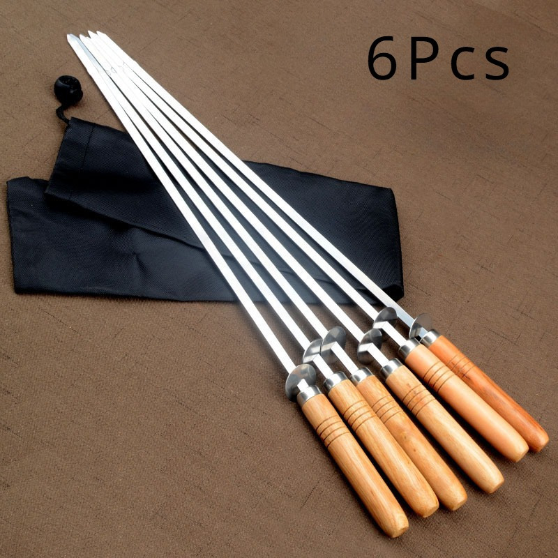 

6pcs Stainless Steel Barbecue Skewers With Wooden Handles, Bbq Mutton Forks With Cloth Bag For Outdoor Grilling Accessories