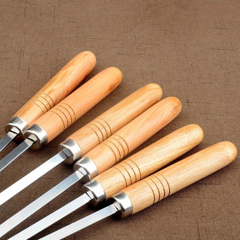 6pcs stainless steel barbecue skewers with wooden handles bbq   forks with cloth bag for outdoor grilling accessories details 1