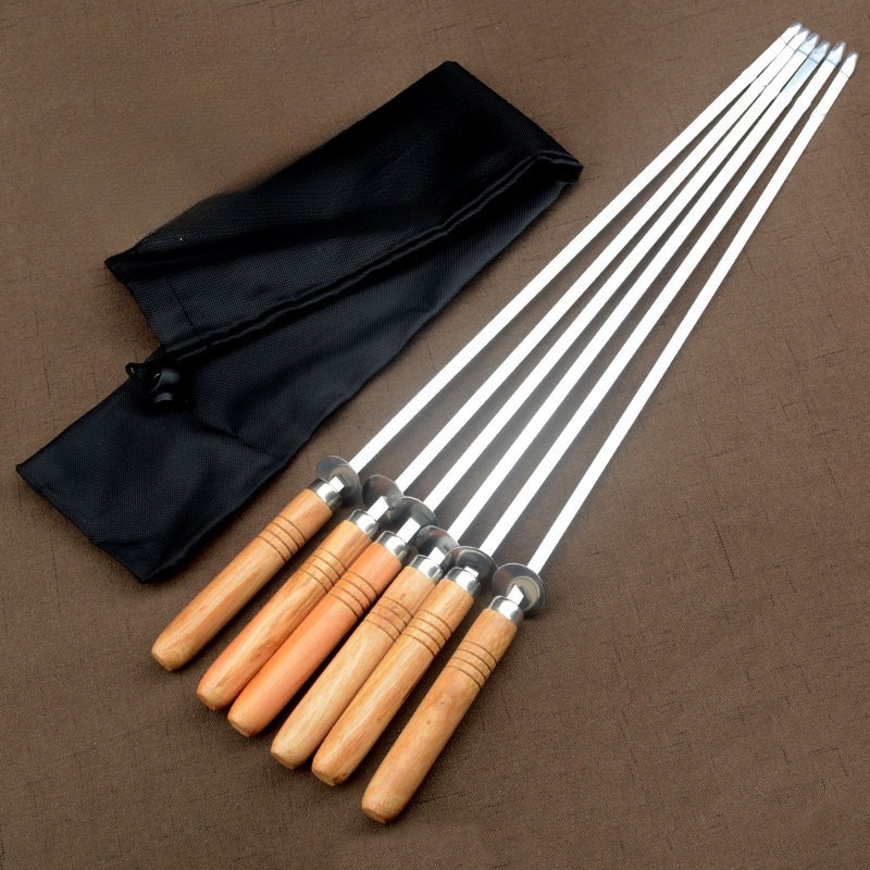 6pcs stainless steel barbecue skewers with wooden handles bbq   forks with cloth bag for outdoor grilling accessories details 2