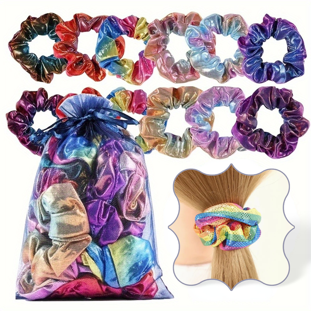 

12-pack Holographic Glitter Scrunchies, Dotted Hair Ties, Sweet Ponytail Holders, Hair Accessories For Women, Normal Hair Style