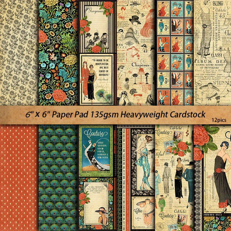 

12 Sheets Vintage Fashion Paper Pad - Heavyweight Cardstock For Journaling, Diy Crafts, And Art Projects - Retro 6"x6" Decorative Paper Pack For Creative Students And Hobbyists