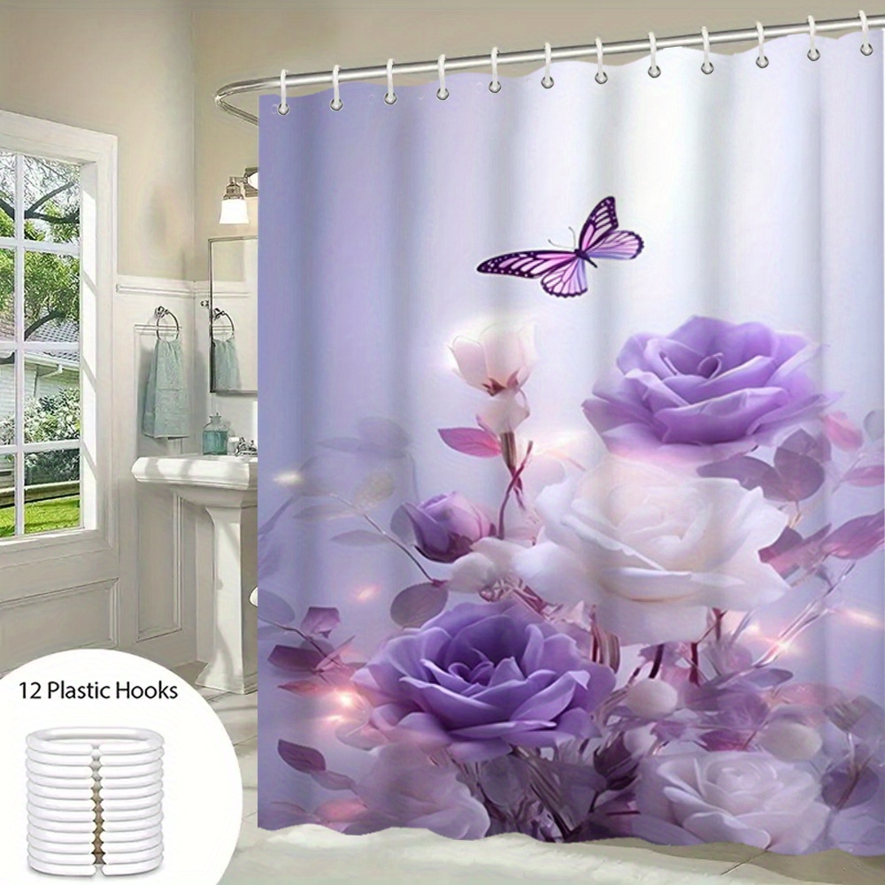 

Purple Butterfly And Floral Shower Curtain With 12 Rust-resistant Hooks, Water-resistant Polyester, Machine Washable, Woven Design For Bathroom Decor