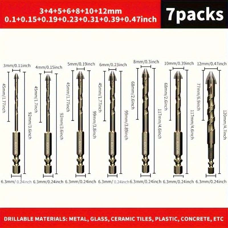 TEMU 7pcs Tungsten Steel Drill Bit Set - Multi-purpose, High-durability For Ceramic, Glass, Concrete & Woodworking - Includes 3mm To 12mm Sizes