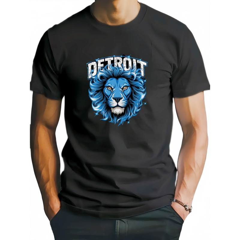 

Men's Blue T-shirt - Casual Crew Neck Polyester Knit Fabric Tee With Geometric Lion Pattern - Regular Fit, Slight Stretch, - 100% Polyester, 150gsm