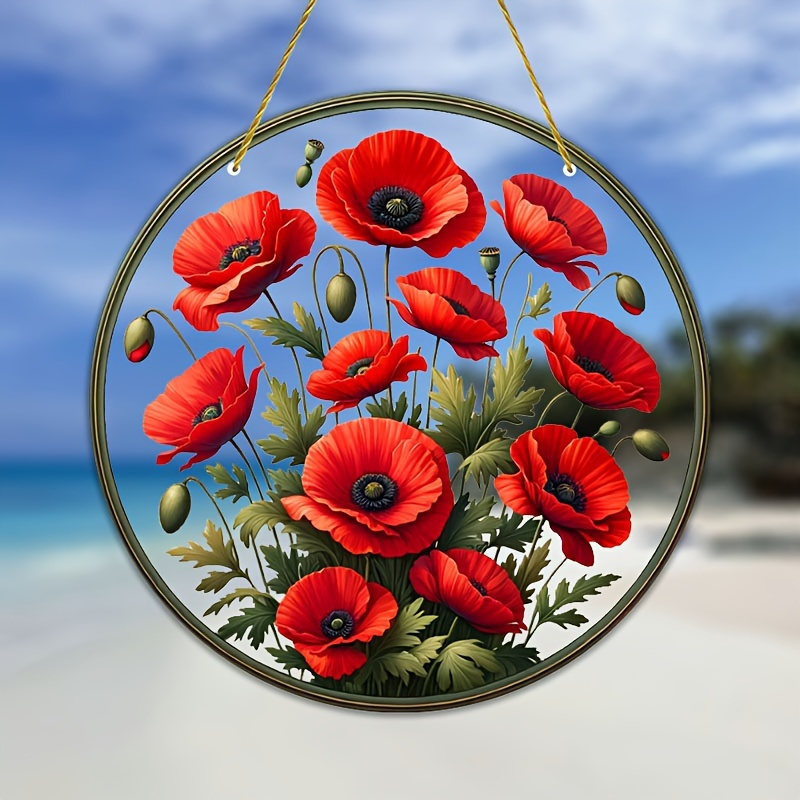 

Red Flowers Suncatcher: Stained Glass Window Hanging Decor For Indoor And Outdoor Use - Perfect For Christmas And Home Decor (8in X 8in / 20cm X 20cm)