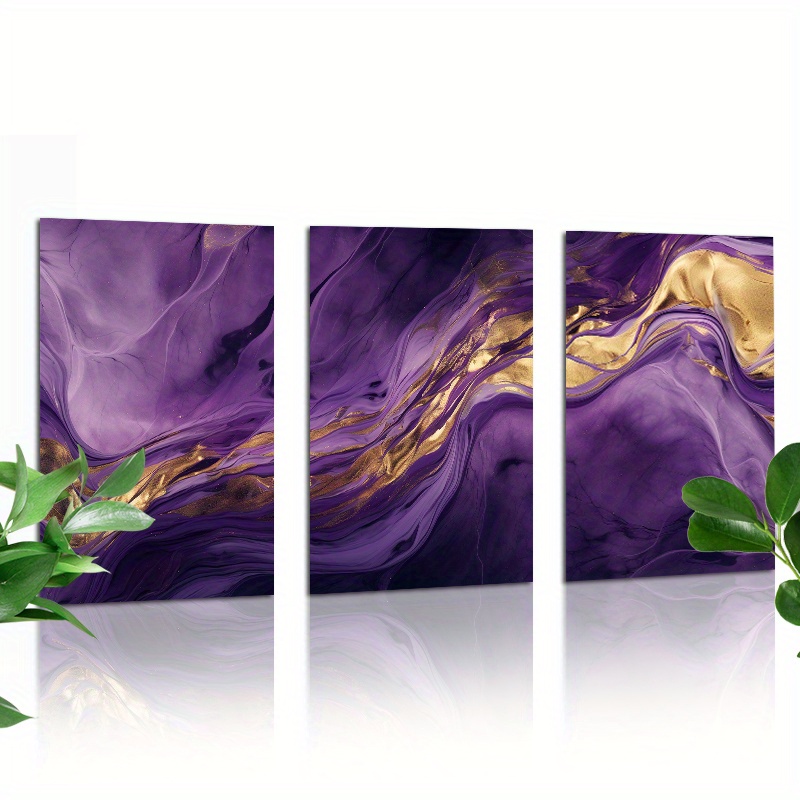 

3-piece Canvas Art Set - Purple And Gold Marble Abstract Wall Print Posters, Major Material: Canvas, Unframed Decor For Living Room, Bedroom, Office - 12x18 Inches Each