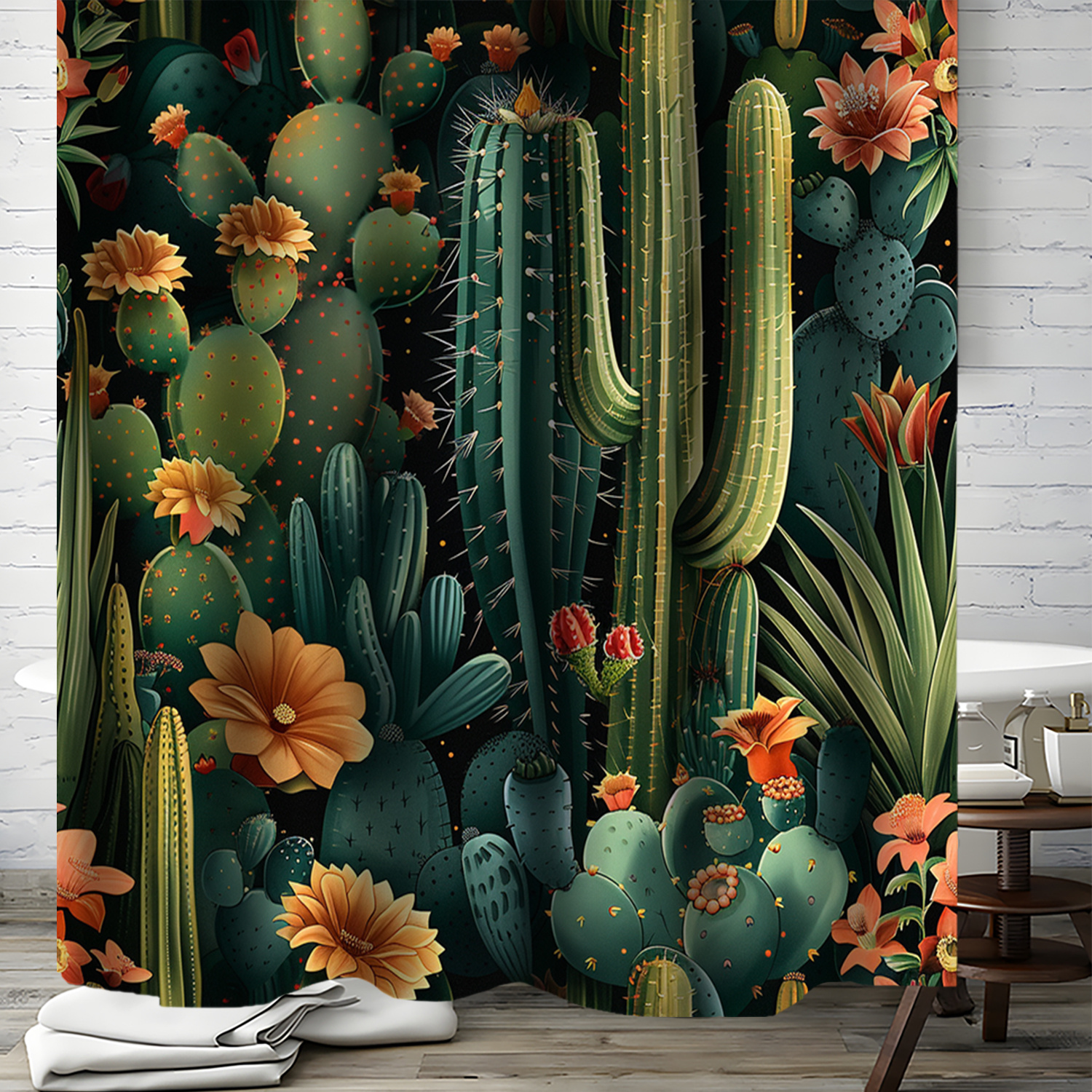 

Waterproof Country Style Cactus Wallpaper Shower Curtain With 12 Hooks, Polyester Mold Resistant Bathroom Decor, Artistic Floral Pattern, Woven Water-resistant Fabric, 71x71 Inches