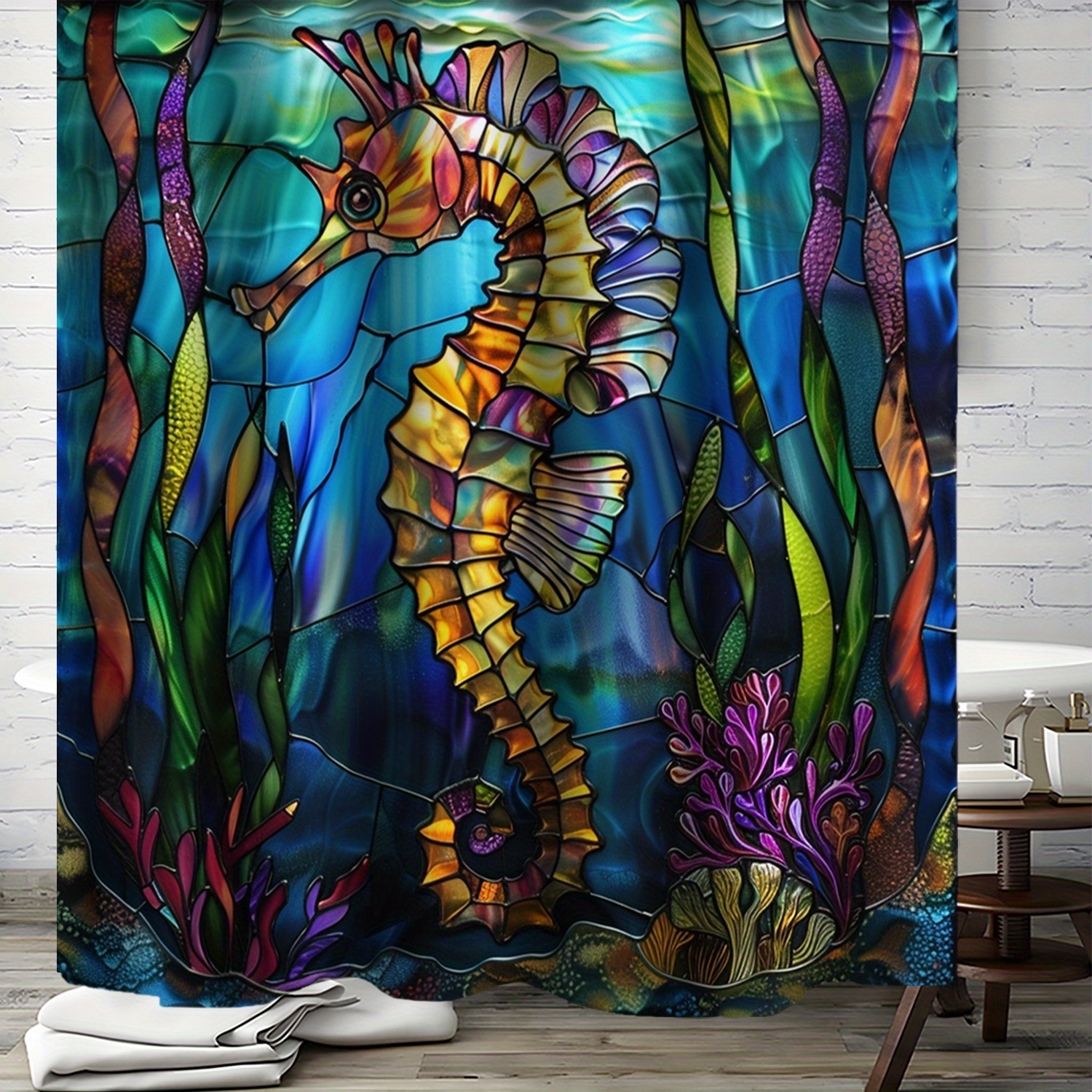 

Artistic Seahorse Stained Glass Style Shower Curtain With 12 Hooks, Water-resistant Polyester Bathroom Decor, Ocean Theme Bath Accessory, 71x71 Inches - Non-bleachable, Hook Included