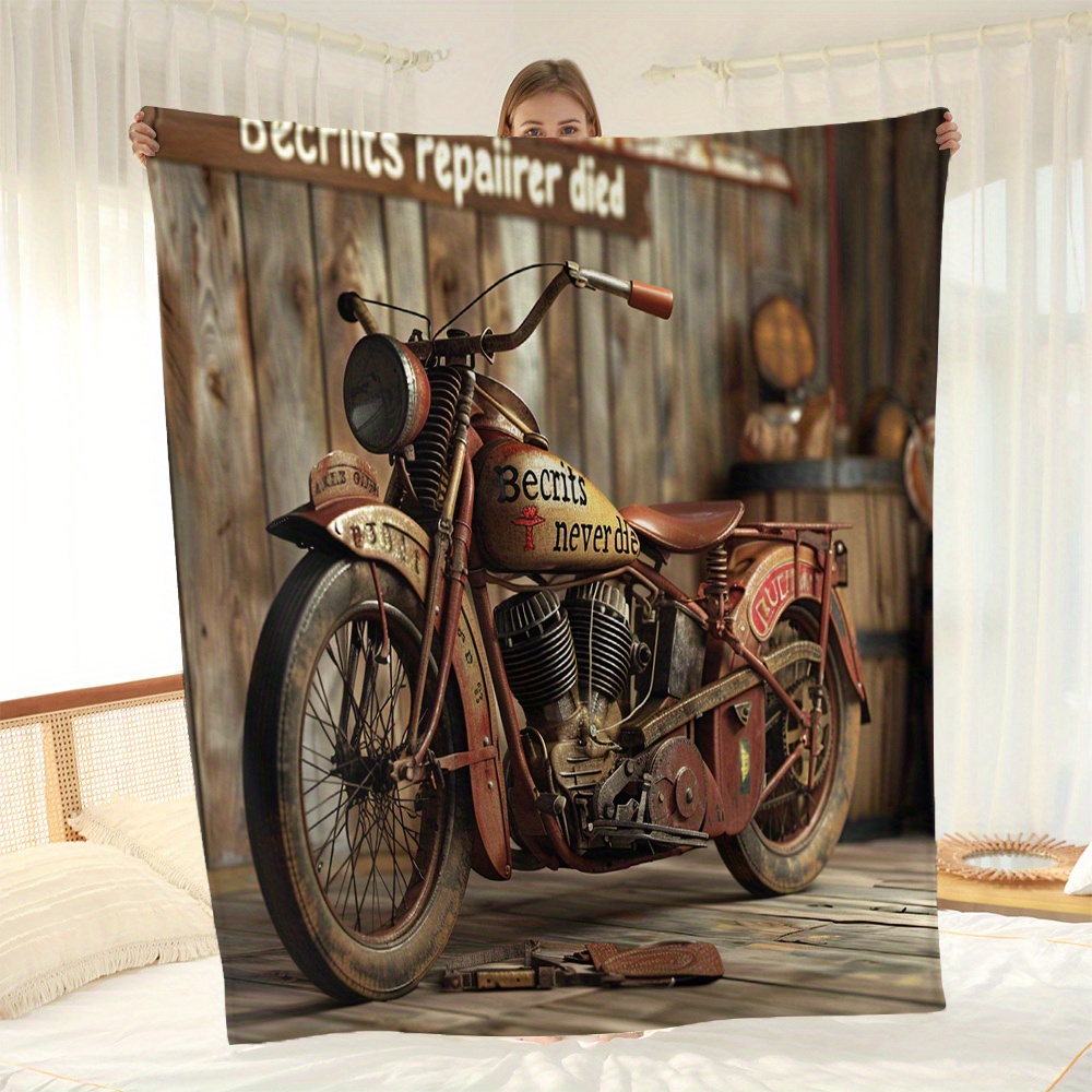 

Motorcycle Printed Fleece Blanket - Contemporary Style, Suitable For All Seasons, Made Of Polyester, Woven Fabric