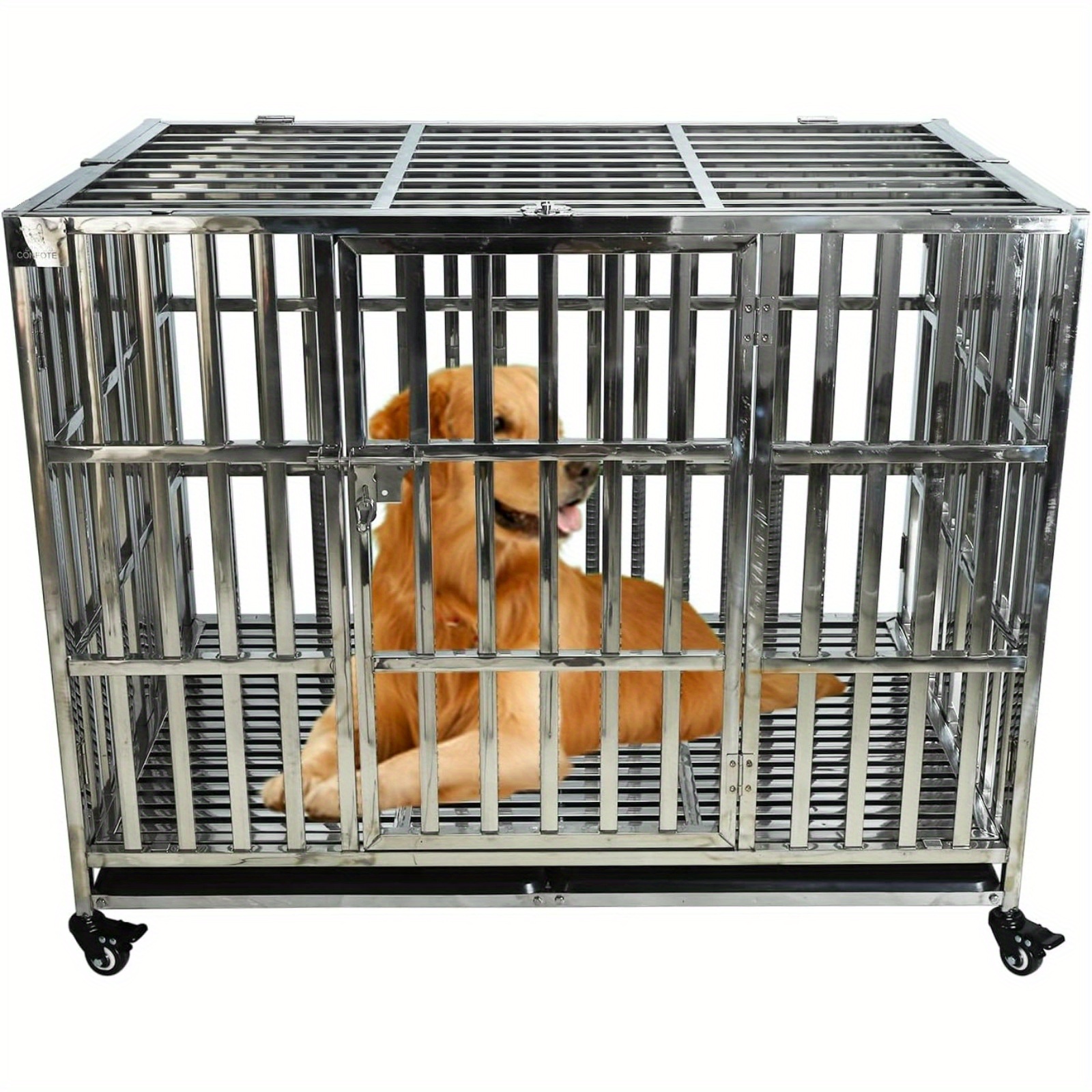 

42" Heavy Duty Stainless Steel Dog Cage Kennel Crate And Playpen For Training Large Dog Indoor Outdoor With Double Doors & Locks Design Included Lockable Wheels Removable Tray No Screw