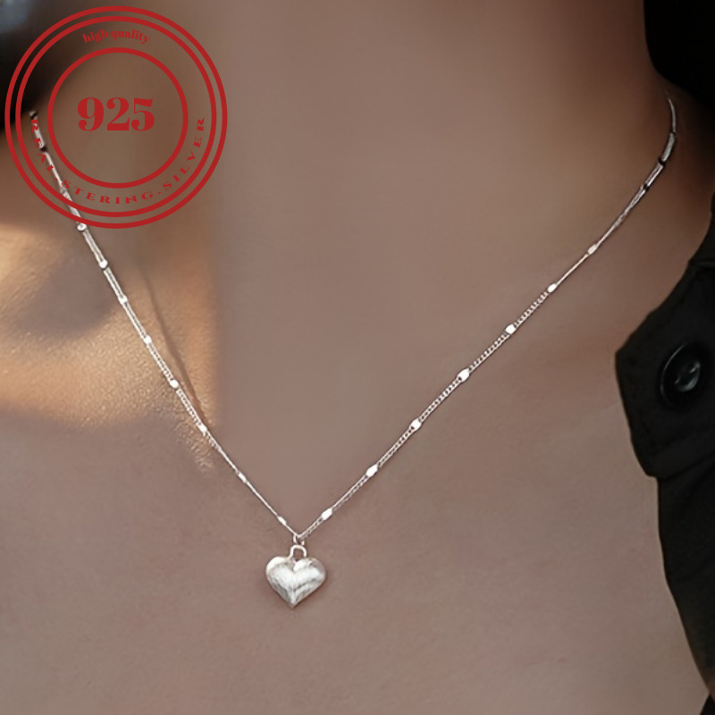 

925 Sterling Silver Love Heart Pendant Necklace, Simple Clavicle Chain For Girls