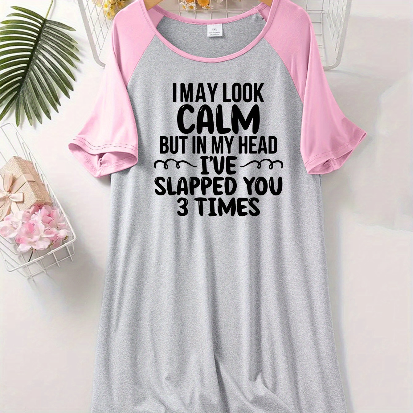 

Women's Plus Casual Sleep Dress, Plus Size Slogan Print Short Sleeve Nightdress