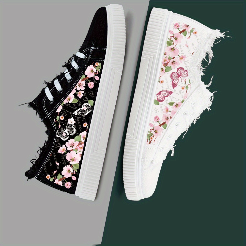 

Casual Butterfly And Flowers Print Low Top Canvas Shoes For Girls, Comfortable Lightweight Non-slip Sneakers For All Seasons