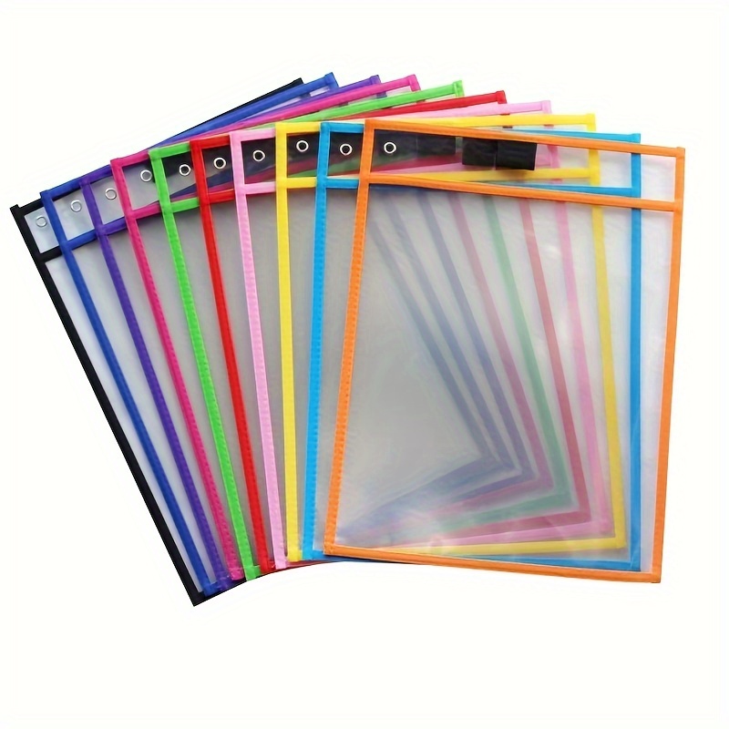 

10-pack Abs Plastic Dry Erase Pockets, Reusable Clear Sheet Protectors, Multicolored Write And Wipe Sleeves, Classroom Organization Teacher Supplies