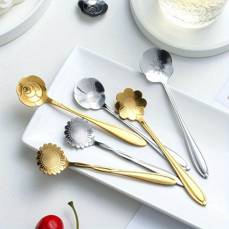 

8-piece Floral Stainless Steel Spoon Set - Elegant Coffee & Dessert Teaspoons With Assorted Flower Designs, Perfect For Home, Office, Or Cafe
