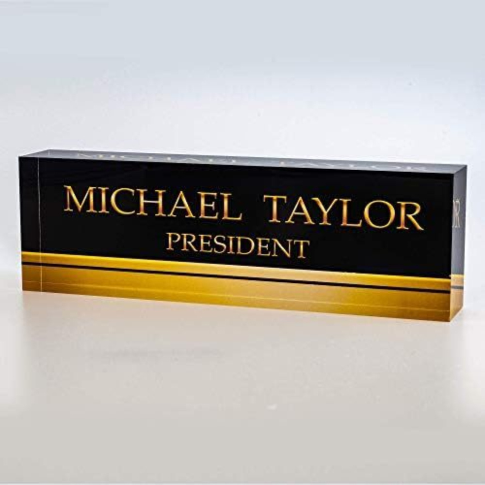 

Custom Acrylic Glass Desk Name Plate - Personalized Office Decor With Dark & Metallic Stripe | Sophisticated Desk Accessory