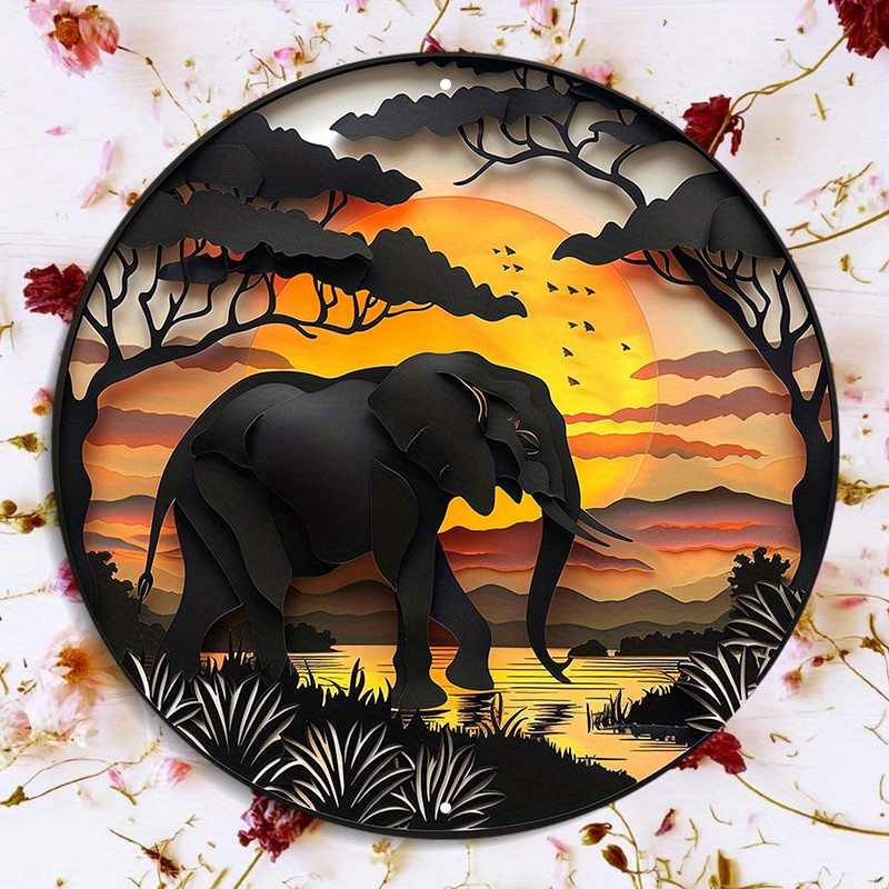 

Elephant Silhouette Metal Wall Art | 8" Round Aluminum Sign | Pre-drilled, Weather-resistant Outdoor Decor | Hd Elephant At Sunset Scene | High-quality, Textured Print Door Hanger