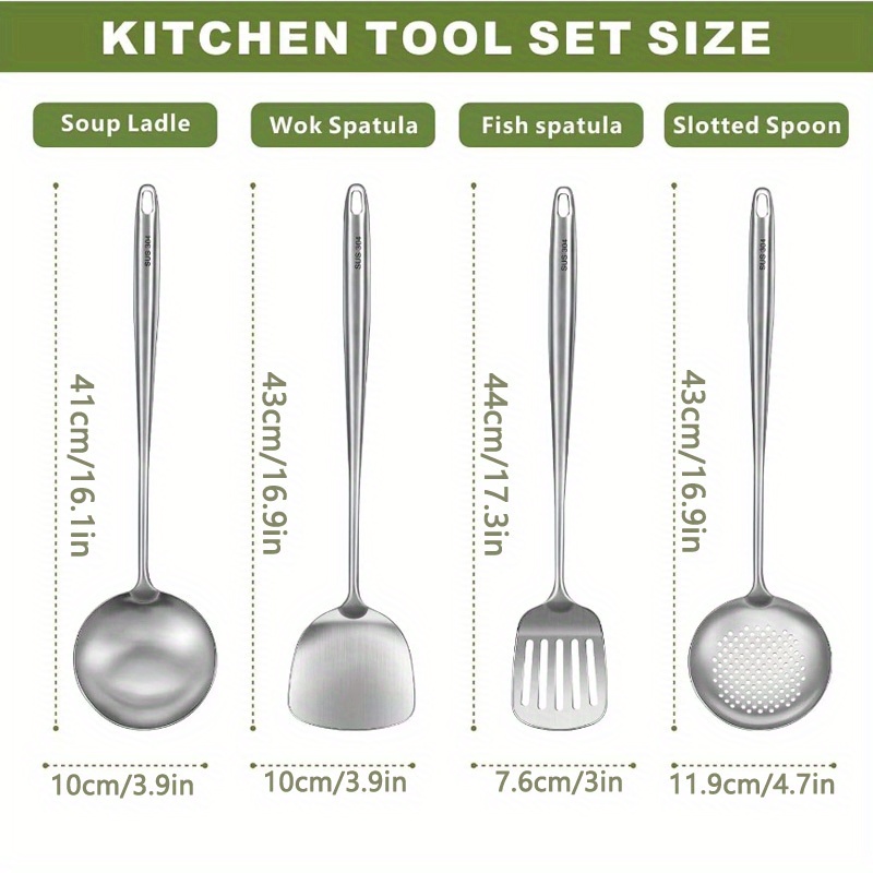 4 piece stainless steel kitchen utensil set heat resistant cooking tools with ladle wok spatula fish spatula and slotted spoon large capacity strong rim   for family cooking details 1